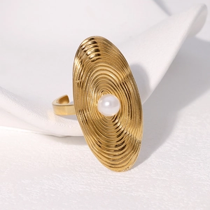Golden stainless steel oval ring with white pearl and adjustable open band for women