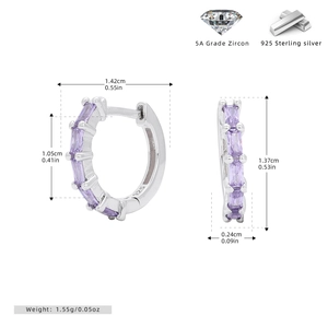 Detailed view of S925 silver hoop earrings with purple 5A zircon and size dimensions