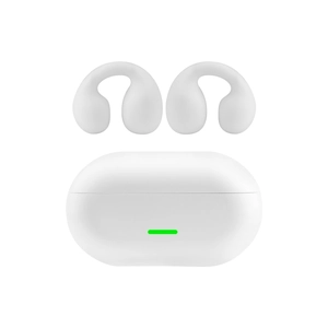 White clip-on bone conduction T7500 headphones with matte charging case and green LED indicator