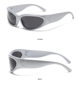 Silver Y2K sporty wrap-around sunglasses shown from 45-degree and back view