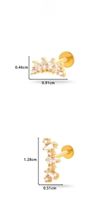 Detailed size view of gold surgical steel labret studs with zirconia marquise stones