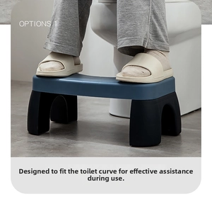 Ergonomic curved toilet stool for bathroom use with non-slip blue surface and black base