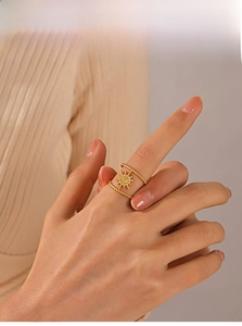 Detail of 18K gold plated multi-layer starburst ring worn on a female finger