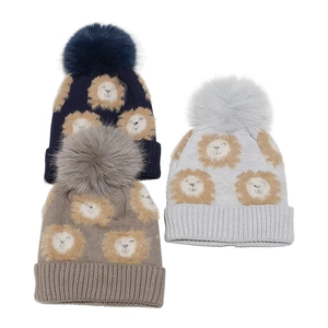 Lot de trois bonnets d'hiver tricotés pour garçons avec lion et pompon en fourrure