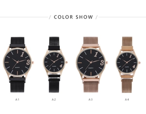 Montres de couple à quartz avec bracelet en maille milanaise noire et or rose, deux tailles