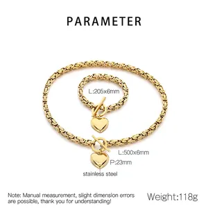 Detailed specs for gold stainless steel Byzantine chain necklace set with heart pendant