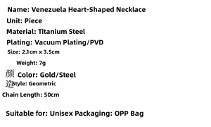 Detailed size and material chart for heart-shaped Venezuela stainless steel necklace