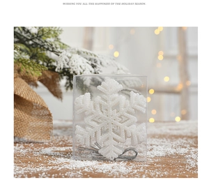 Close-up of white glitter snowflake ornament with silver string on a snowy pine branch