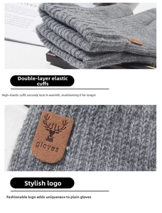 Close-up of dark grey knit gloves with elastic cuffs and leather deer head badge