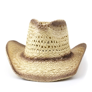Detail of western straw hat with gradient spray paint and vintage hand-woven texture