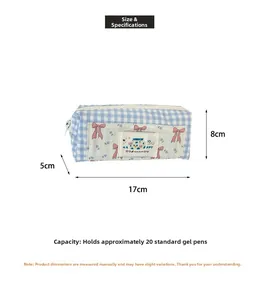 Blue plaid pencil case dimensions 17x5x8cm showing storage capacity for 20 pens