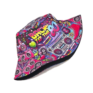 Retro 80s style bucket hat with colorful disco radio print and dual-side design