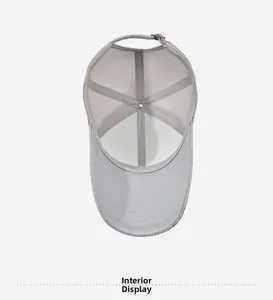 Interior view showing breathable mesh fabric and adjustable metal buckle of the grey sun hat
