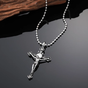 Punk vintage silver cross pendant necklace for men with bead chain on dark mirror surface