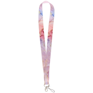 Close-up of pink and purple marble pattern fabric lanyard with durable metal swivel clasp