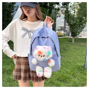 Dettaglio dello zaino in nylon azzurro con decorazione di gatto in peluche colorato