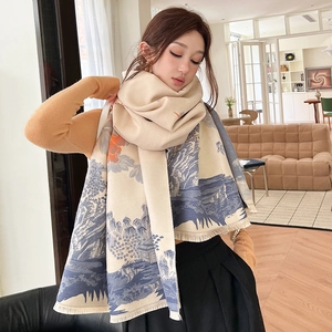 Vintage Women Faux Cashmere Scarf Shawl Chinese Landscape Plum Blossom Print Thick Warm Winter Wrap With Tassels Elegant Pashmina