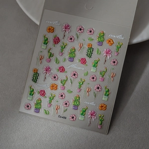 Detailed close-up of 5D cactus and flower nail art sticker with textured relief detail