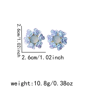 Detail view of blue and purple resin flower earrings with size and weight dimensions