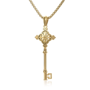 Polished gold key pendant necklace with floral cross design and sleek metal chain
