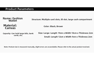 Detailed size and structure guide for canvas houndstooth wallet in black and brown