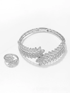 Silver leaf cuff bracelet and ring set with marquise-cut sparkling zircon details