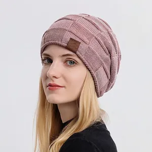 Knitted Beanie Hat Winter Warm Fleece Lined Grid Texture Outdoor Sport Slouchy Cap With Leather Patch For Women Men