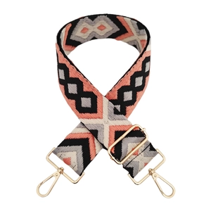 Close-up of 5cm wide jacquard bag strap with geometric embroidery and gold metal clips