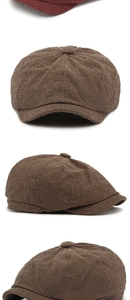 Detailed views of a dark brown newsboy cap with classic herringbone knit texture and button top