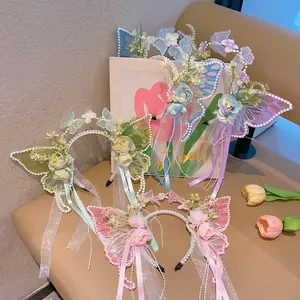 Princess style butterfly hairbands with faux pearls and ribbons for girls