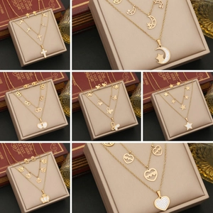 Double Layered Necklace And Earrings Stainless Steel Gold Plated Heart Star Moon Butterfly Rhinestone Fashion Jewelry For Women