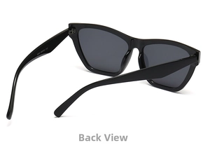 Rear view of black chunky cat eye sunglasses showing inner temple specifications