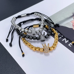 Set of 4 men's retro crown bead bracelets in gold silver and black stainless steel