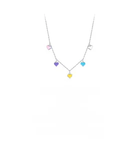 Detail of 925 sterling silver chain featuring five colorful enamel heart charms