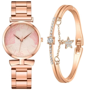 Rose gold watch and starry bracelet set featuring palm leaf pattern and crystals