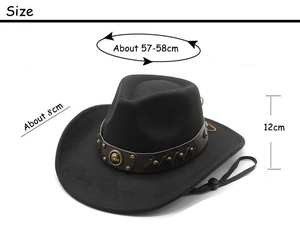Detailed dimensions of black wool felt cowboy hat with leather band and windproof rope