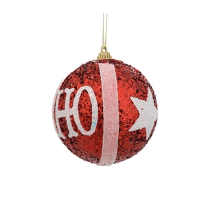 Sparkly red Christmas ball ornament with HO lettering and white star patterns