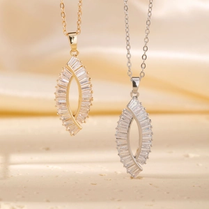 Minimalist hollow marquise pendant necklace with cubic zirconia in gold and silver finish