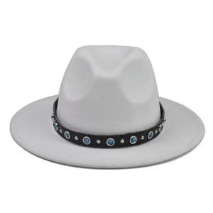White wool fedora hat with turquoise beads and silver studs on black chain band