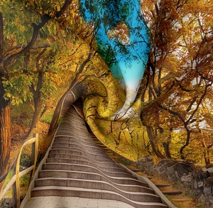 Detail of digital print autumn forest fabric showing high-quality texture and drape