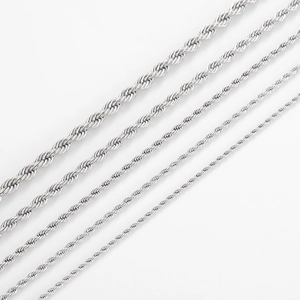 Polished silver stainless steel twist rope chains in various thicknesses for men and women