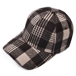 Top view of plaid baseball cap in thick wool blend texture with brown and black patterns