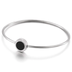 Bracelet jonc argenté minimaliste avec cercle en résine noire et gravure LOVE FOR YOU