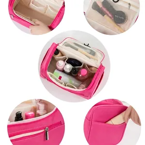 Rose pink large capacity hanging camouflage wash bag with multiple mesh compartments