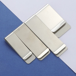 Three sizes of silver stainless steel money clips with brushed and polished metal finishes
