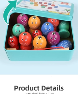 Detail shot of colorful wooden magnetic fish inside a blue tin storage box with a rod