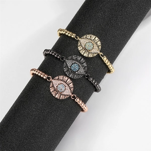 Three-piece evil eye beaded bracelets in gold, gunmetal, and rose gold with zircon