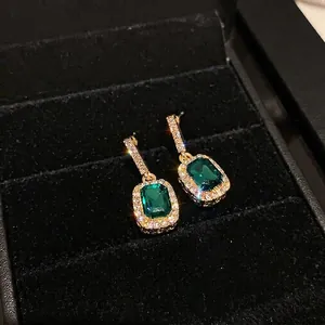 Emerald Cut Green Gemstone Earrings Vintage Geometric Square Alloy Rhinestone With 925 Sterling Silver Earring Post