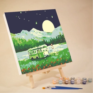 DIY digital oil paint set with bus landscape canvas, wooden easel, pigments and brushes