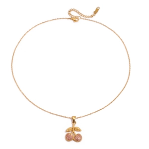Elegant 18K gold plated stainless steel necklace with pink zircon cherry pendant on white background